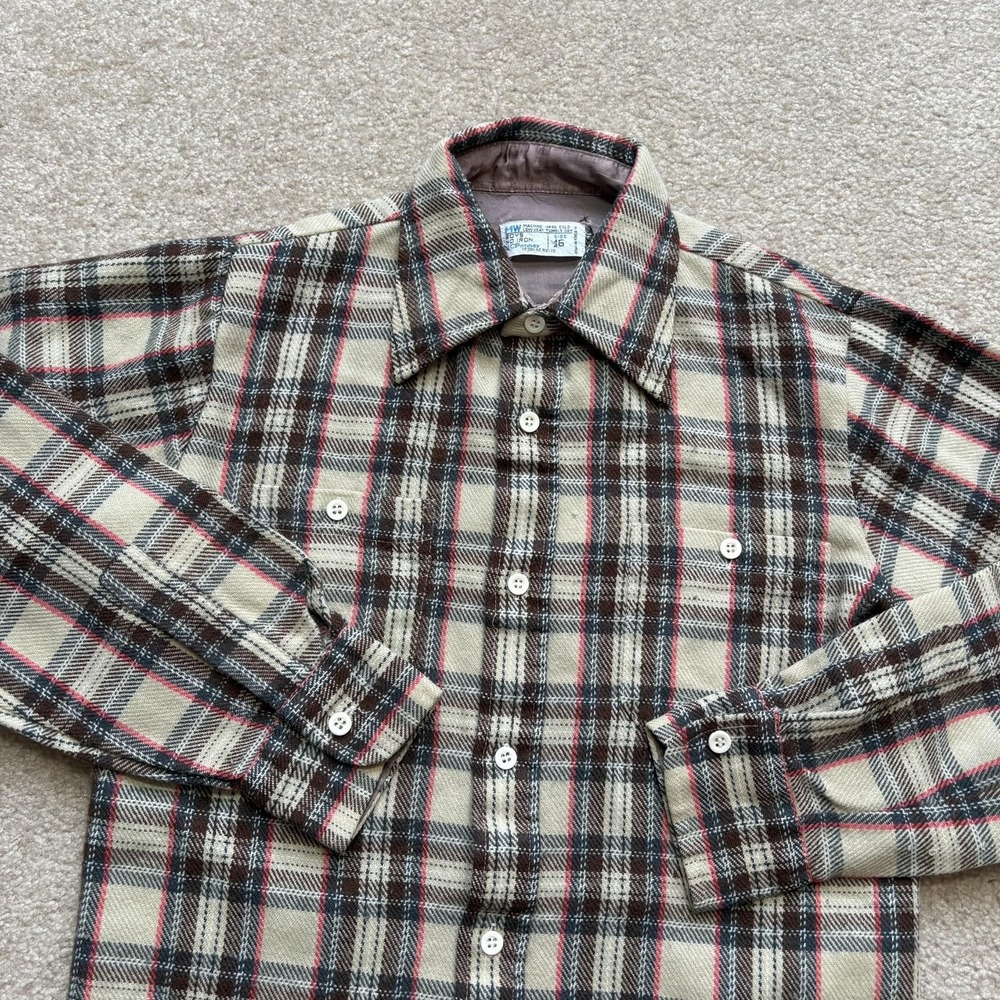 Vintage JCPenney Shirt Boys 16 Beige Plaid Flannel Button Up Long Sleeve 60s 70s